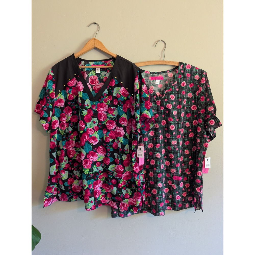 Lot of 2 Koi Betsey Johnson Scrub Tops 3X Floral Plaid V-Neck Medical NWT
